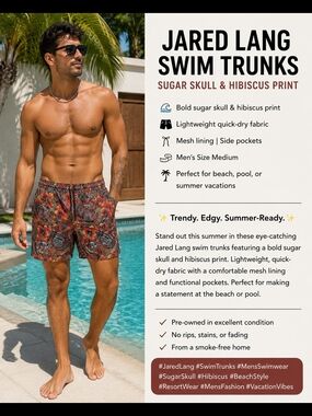 Jared Lang Men's Sugar Skull & Hibiscus Swim Trunks - Size M